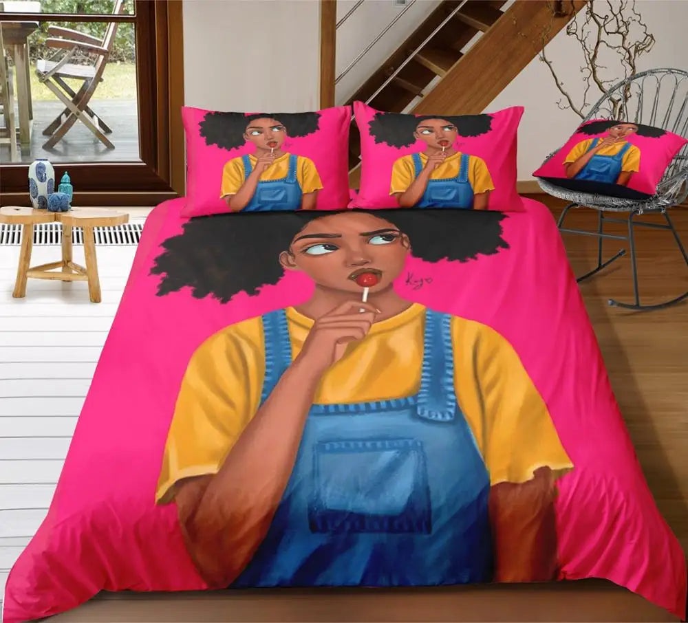 African Design 3D Printed Embroidered Black Girl Vintage Nature Microfiber Duvet Cover Set Black for Home Use Polyester Filling
