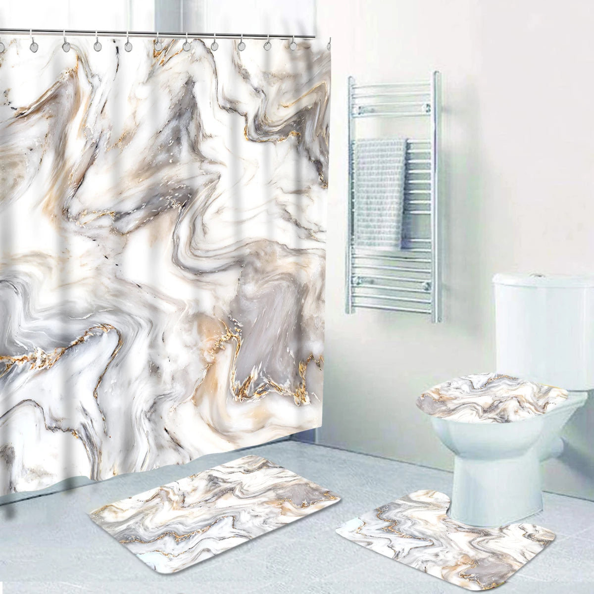 16 Pcs Marble Pattern Bathroom Sets with Shower Curtain and Rugs Waterproof Printing Toilet Shower Curtain with Hooks