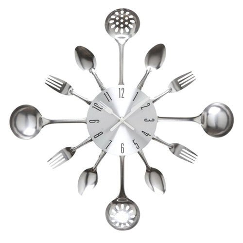 35cm Kitchen Metal Fork And Spoon Wall Clock - Quartz Analog | 9mm Metal Sheet