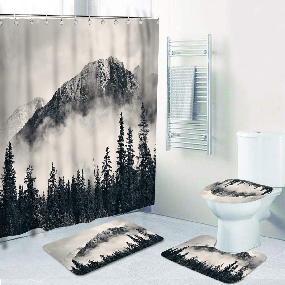 3D printed shower curtain and rug set Zen design, waterproof curtain with the bathroom mat set.