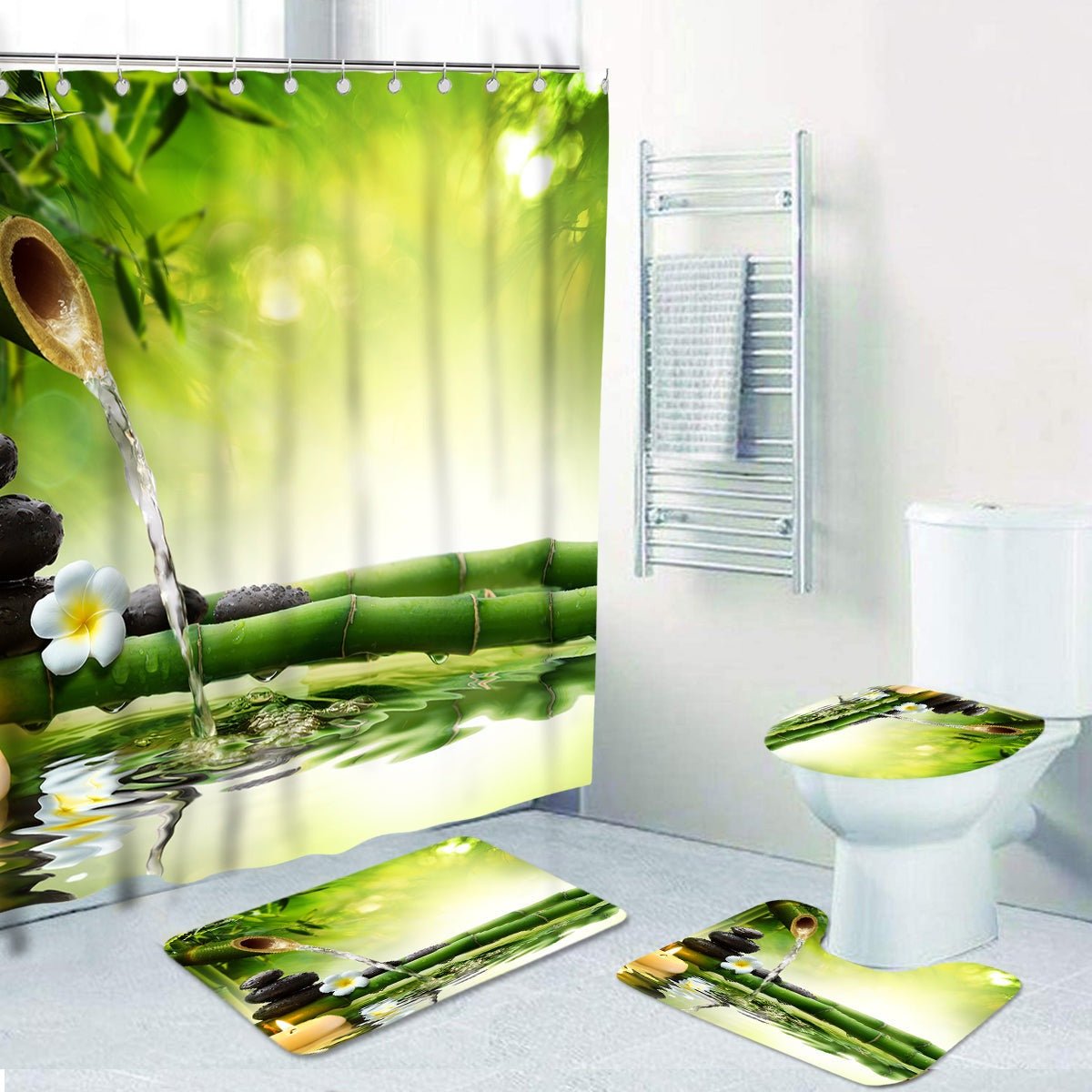 3D printed shower curtain and rug set Zen design, waterproof curtain with the bathroom mat set.