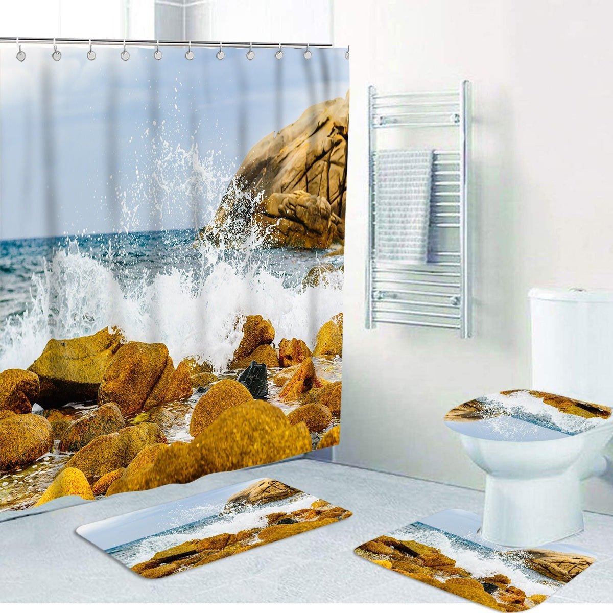 3D printed shower curtain and rug set Zen design, waterproof curtain with the bathroom mat set.