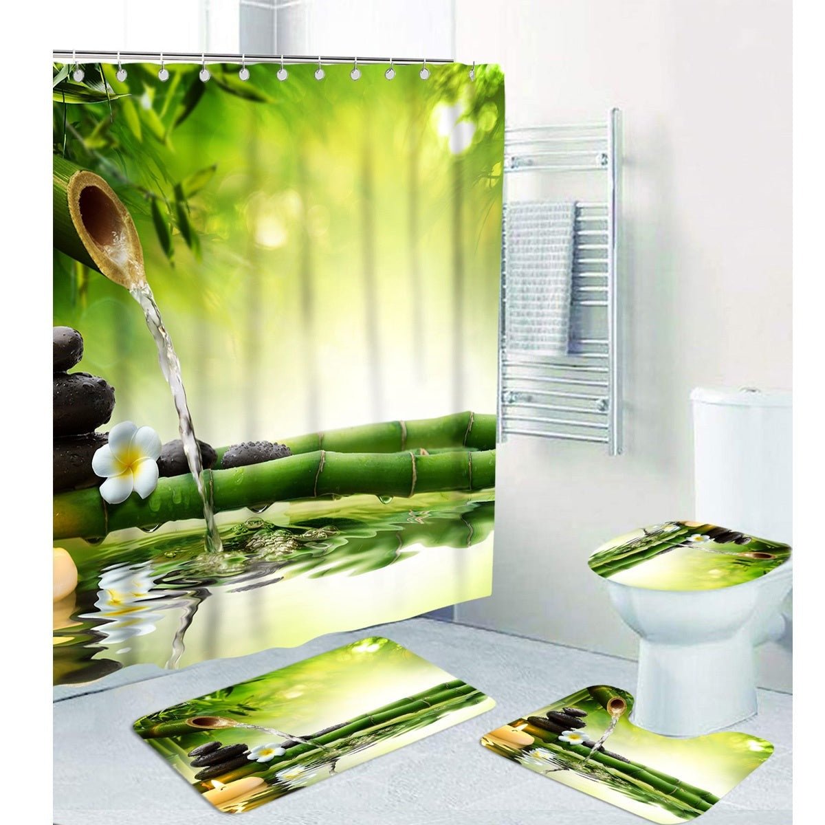 3D printed shower curtain and rug set Zen design, waterproof curtain with the bathroom mat set.