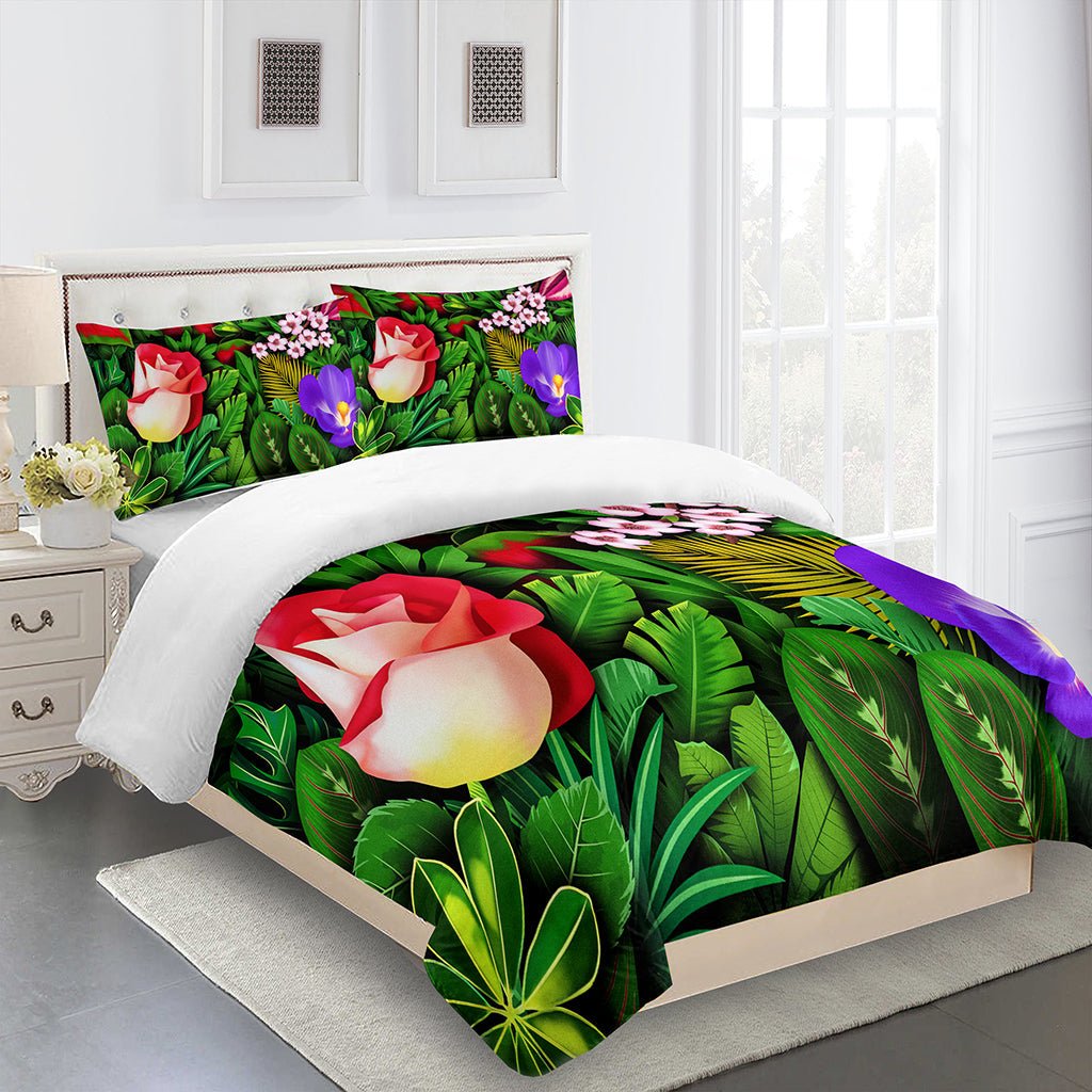3D Tropical Flowers and Leaves Duvet Cover Set - MAMOU Home Decor