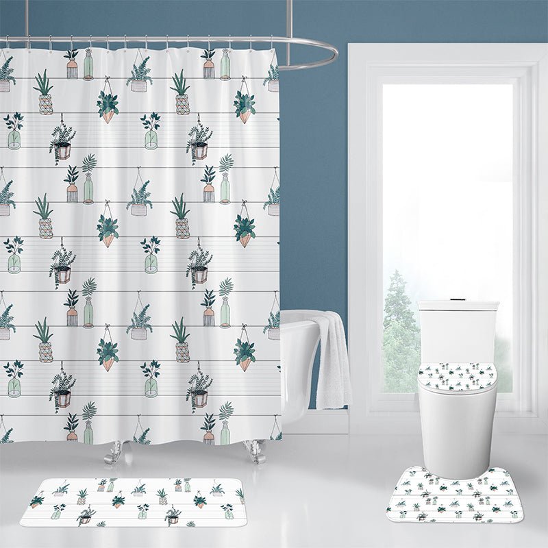 4Pcs set of the waterproof polyester shower curtain and bathroom rug.