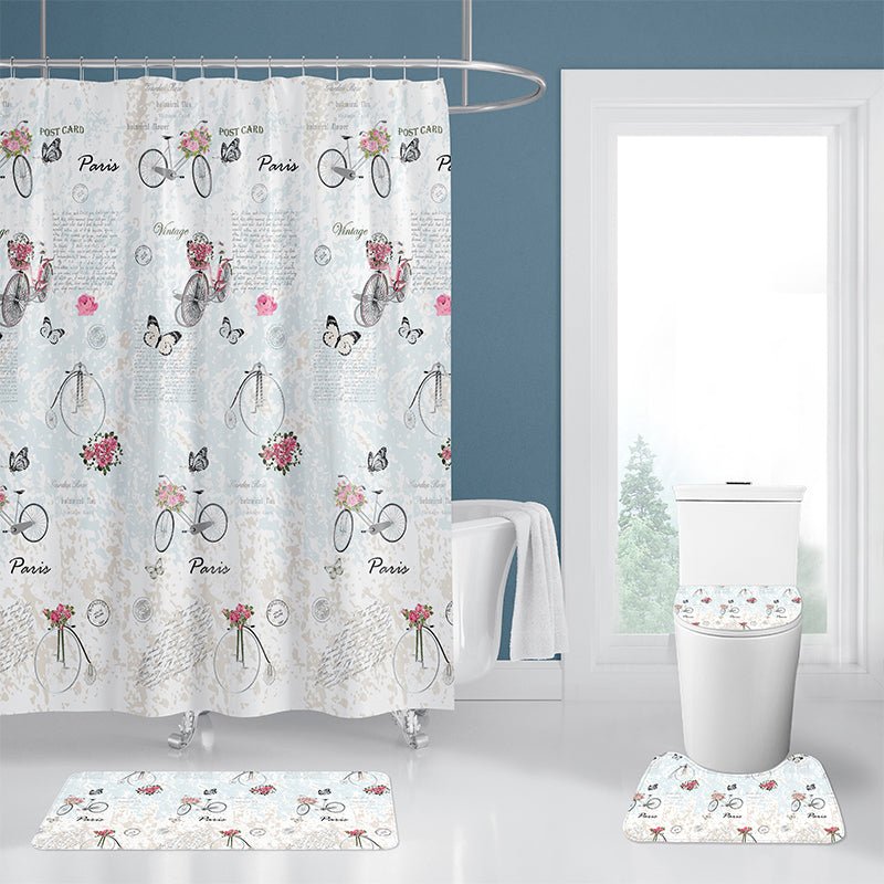 4Pcs set of the waterproof polyester shower curtain and bathroom rug.