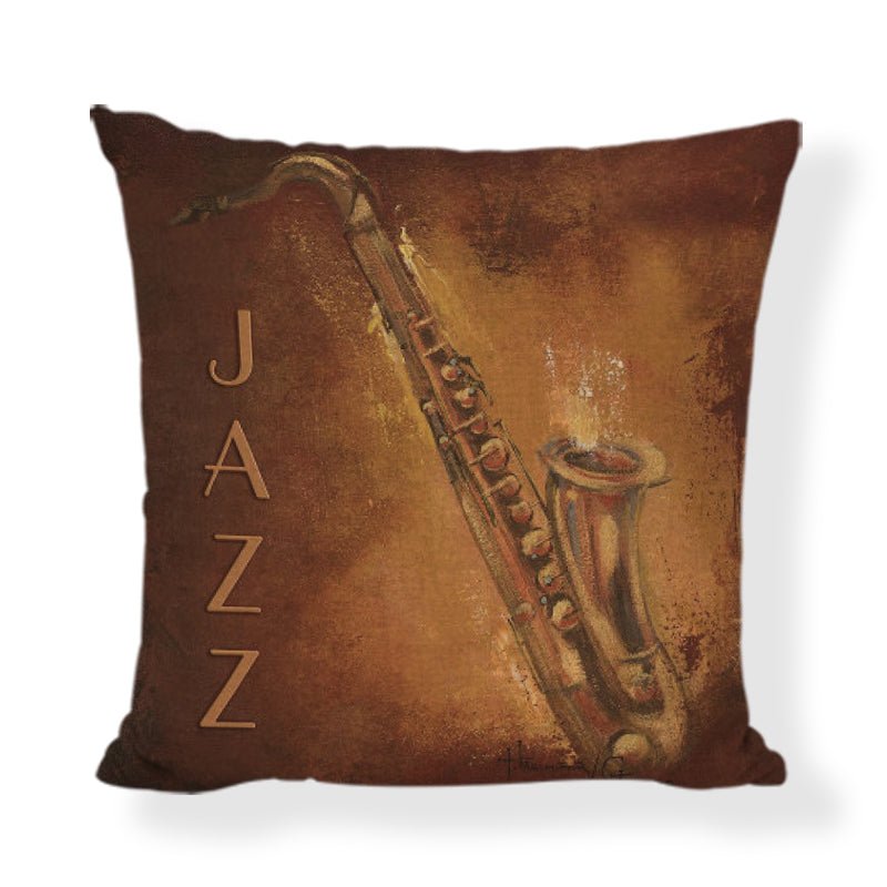 An elegant 45x45cm linen cushion cover featuring printed musical instruments, including a violin, piano, and trumpet.