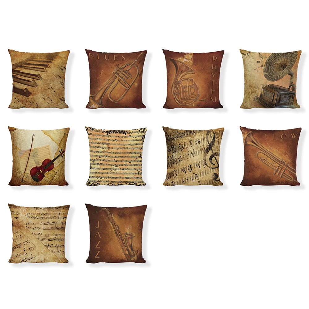 An elegant 45x45cm linen cushion cover featuring printed musical instruments, including a violin, piano, and trumpet.