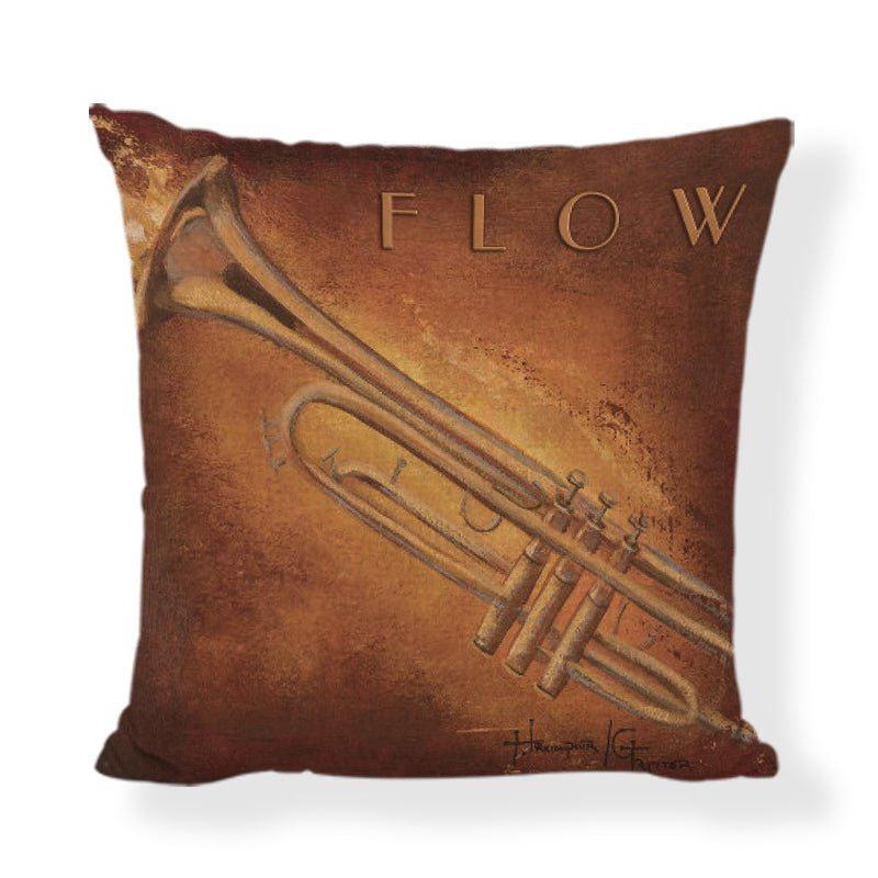 An elegant 45x45cm linen cushion cover featuring printed musical instruments, including a violin, piano, and trumpet.