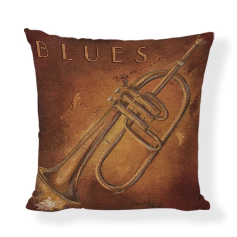 An elegant 45x45cm linen cushion cover featuring printed musical instruments, including a violin, piano, and trumpet.