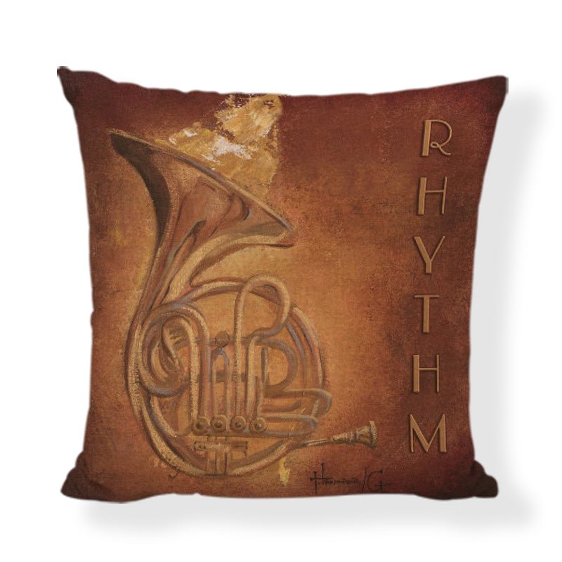 An elegant 45x45cm linen cushion cover featuring printed musical instruments, including a violin, piano, and trumpet.