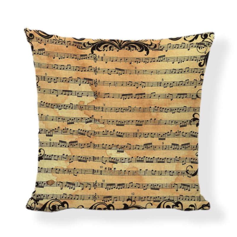 An elegant 45x45cm linen cushion cover featuring printed musical instruments, including a violin, piano, and trumpet.