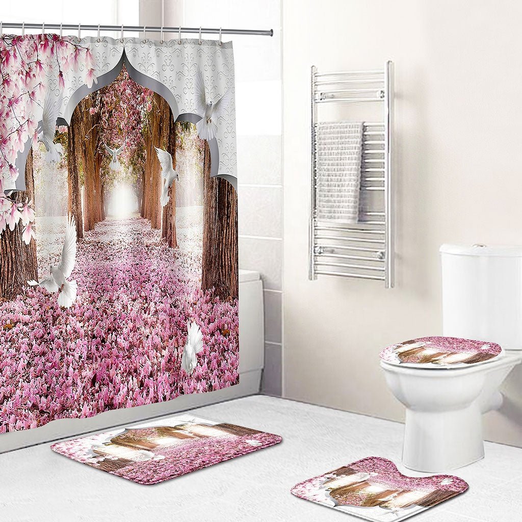 Big Rose Flower Printed Shower Curtains 4PCS Mat Set.