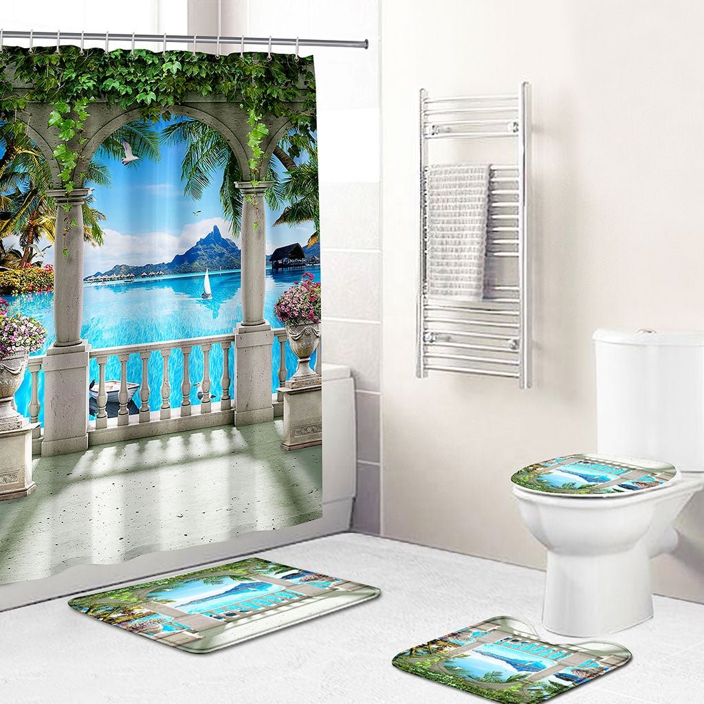 Big Rose Flower Printed Shower Curtains 4PCS Mat Set.