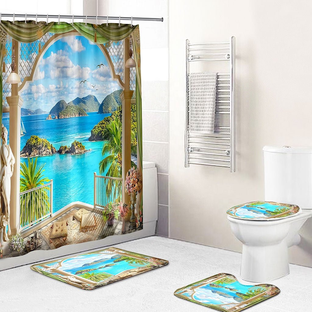 Big Rose Flower Printed Shower Curtains 4PCS Mat Set.