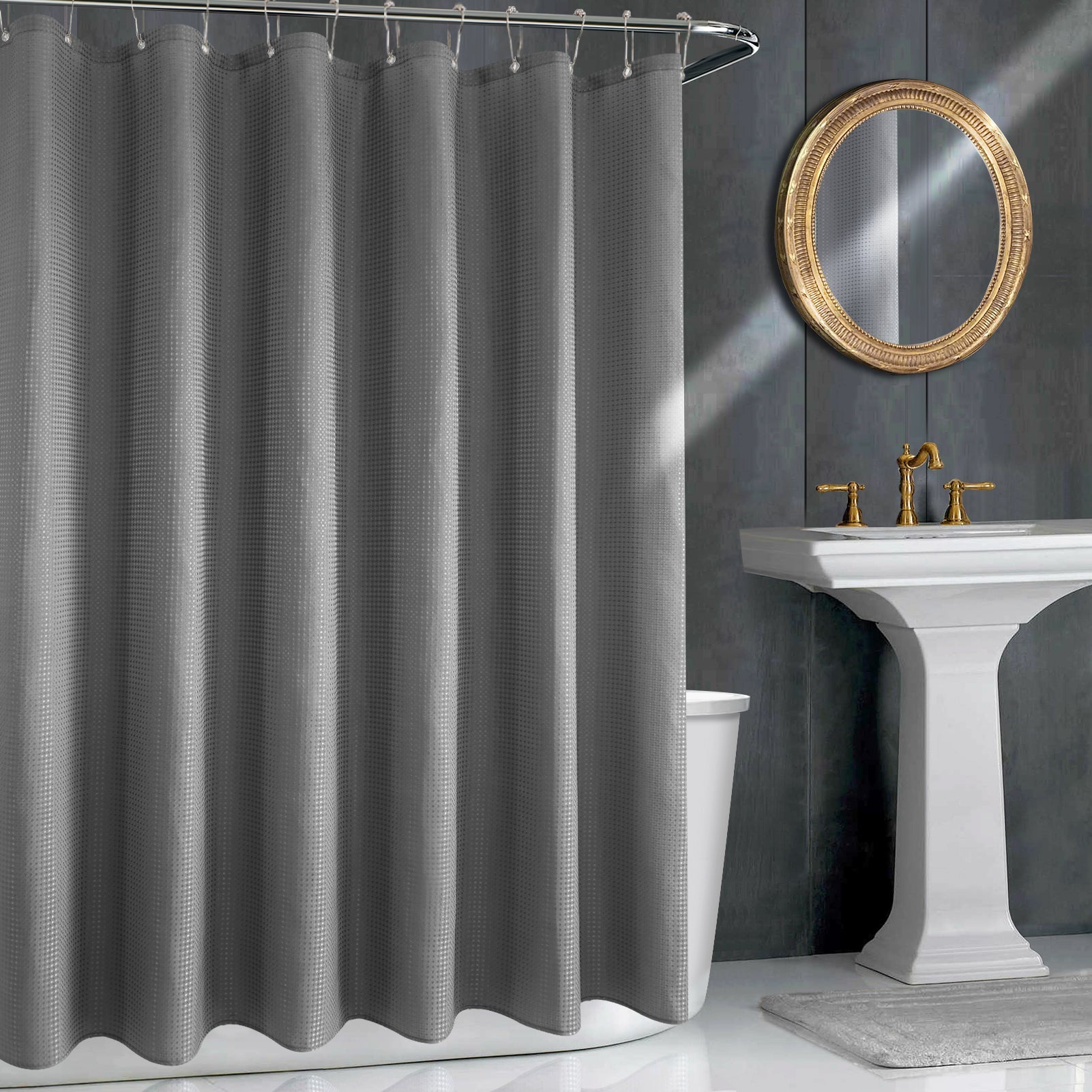 Elevate Your Bathroom Style: Gray Waffle Weave Waterproof Shower Curtain.