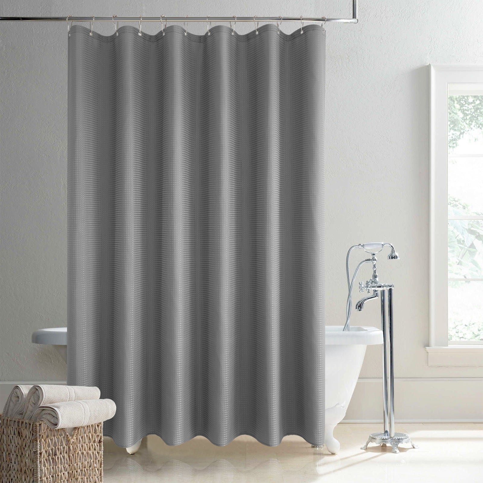 Elevate Your Bathroom Style: Gray Waffle Weave Waterproof Shower Curtain.