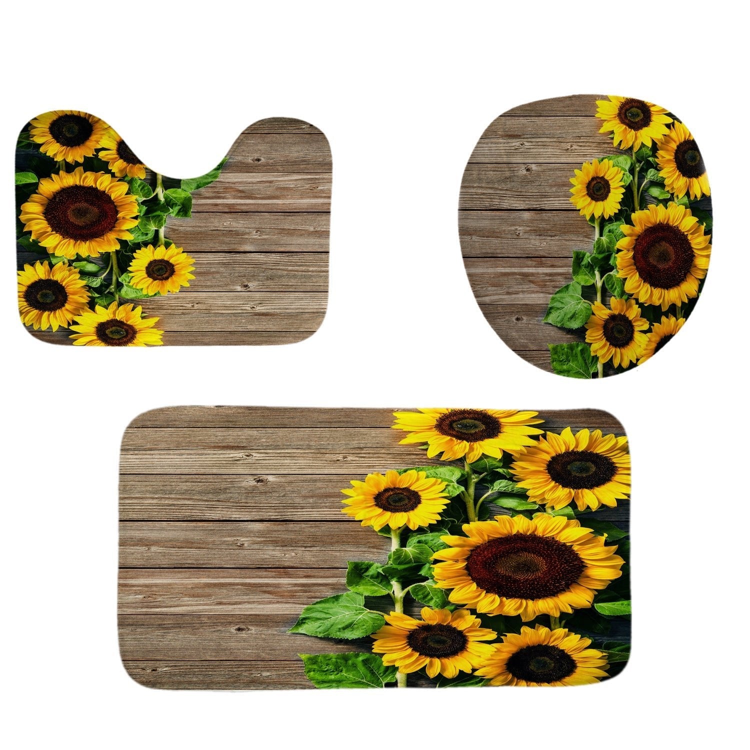 Flower sunflower polyester, waterproof digital 3D shower curtain set with non-slip rugs and bath mat.