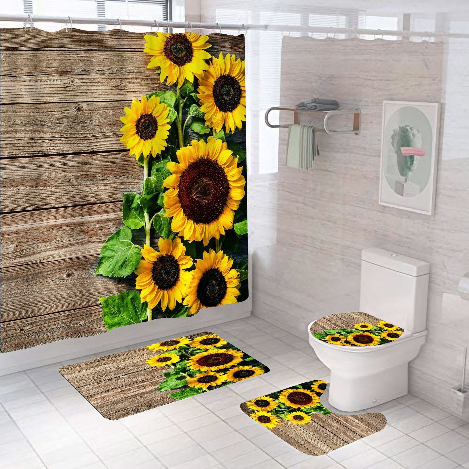 Flower sunflower polyester, waterproof digital 3D shower curtain set with non-slip rugs and bath mat.