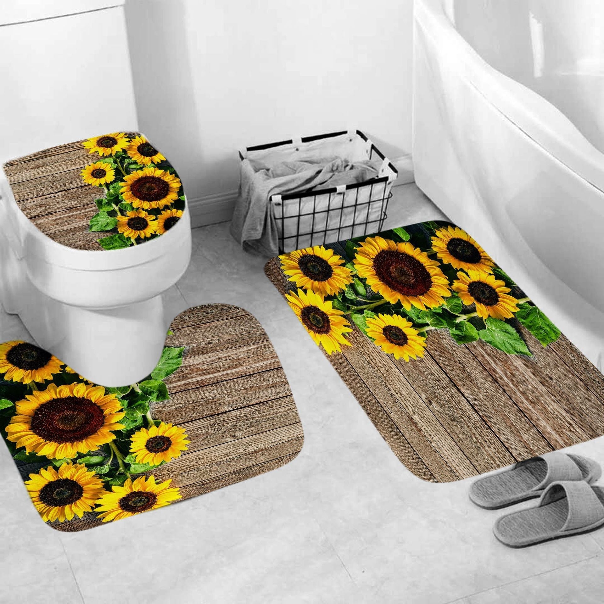 Flower sunflower polyester, waterproof digital 3D shower curtain set with non-slip rugs and bath mat.