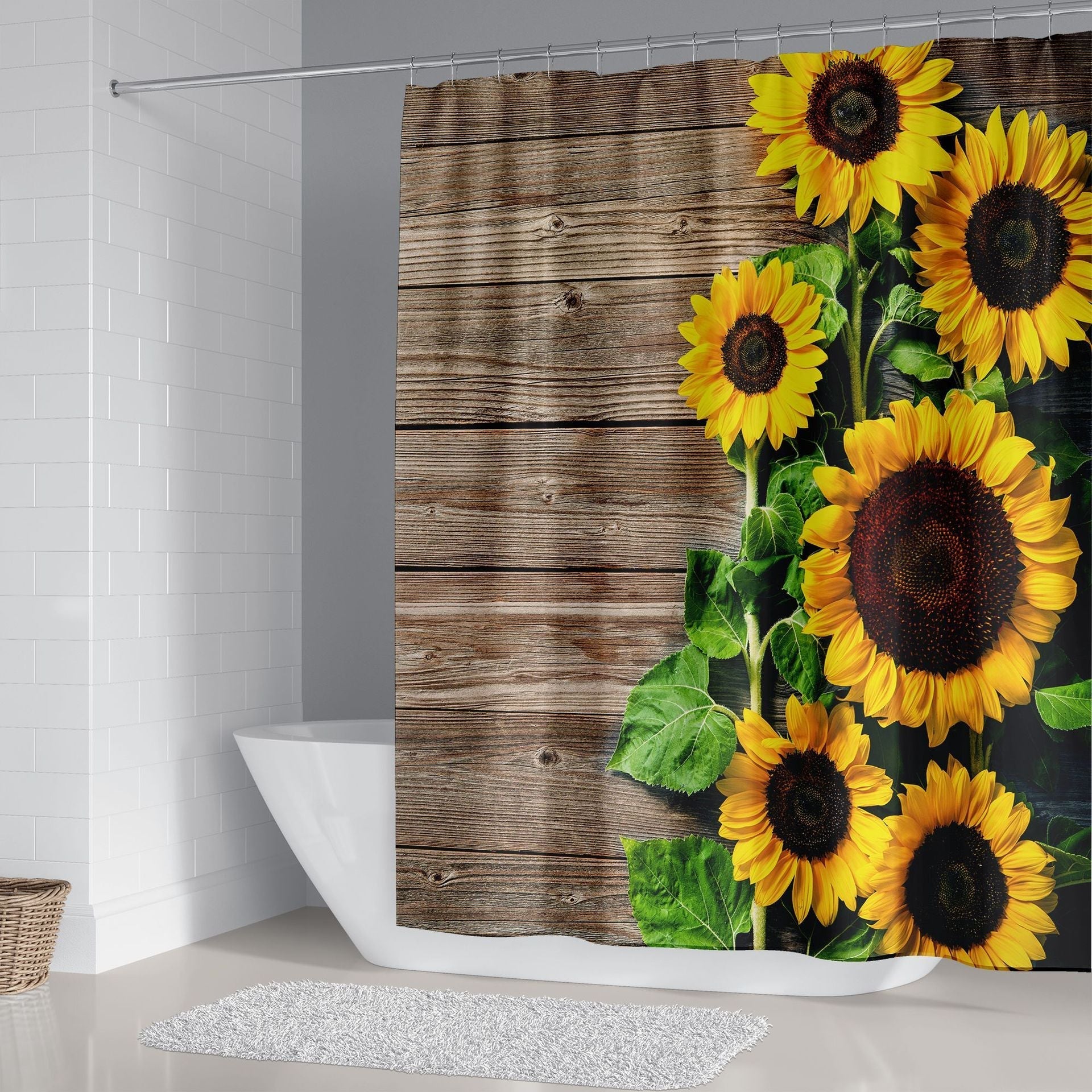 Flower sunflower polyester, waterproof digital 3D shower curtain set with non-slip rugs and bath mat.
