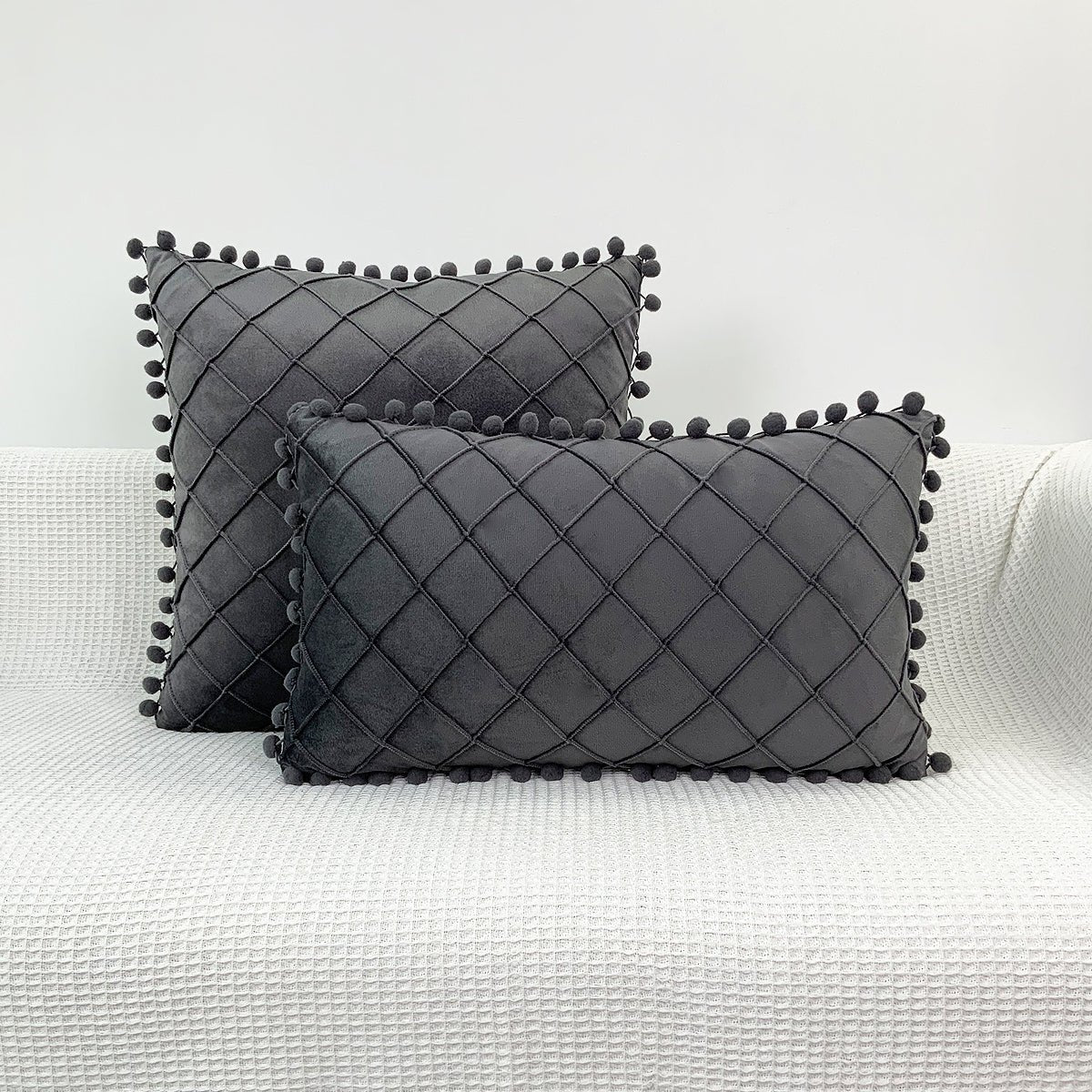 Velvet Braided Lattice Pom Pom Embroidered Cushion Covers | MAMOU Home Decor